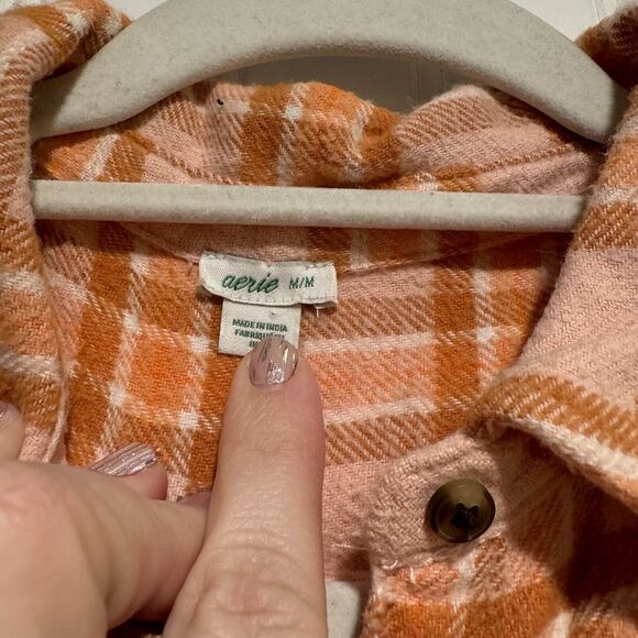 Aerie Orange Pink Plaid Flannel Shirt Size Medium - Picture 3 of 5